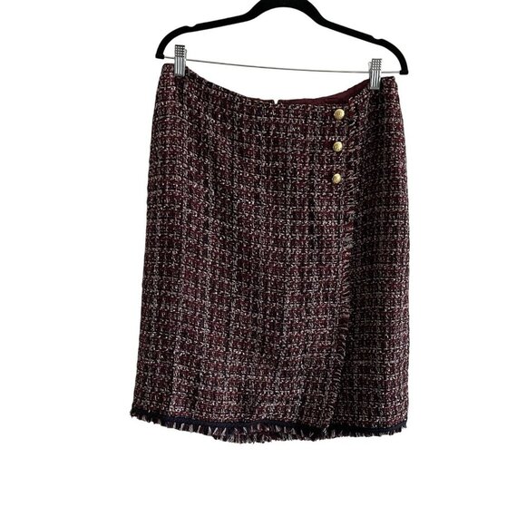 Talbots Women 10 Burgundy Tweed Fringe Hem Button Faux Wrap Pencil Skirt - Picture 3 of 11